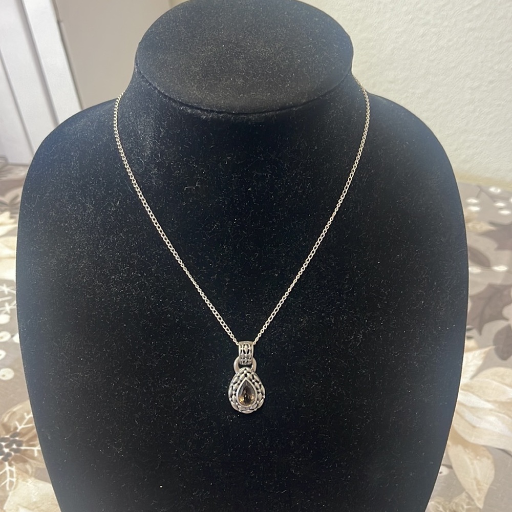Smoky quartz teardrop SS pendant w/16” chain